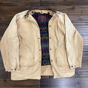 VTG Woolrich Chore Coat Large Aztec Wool Blanket-Lined Leather Collar Snap